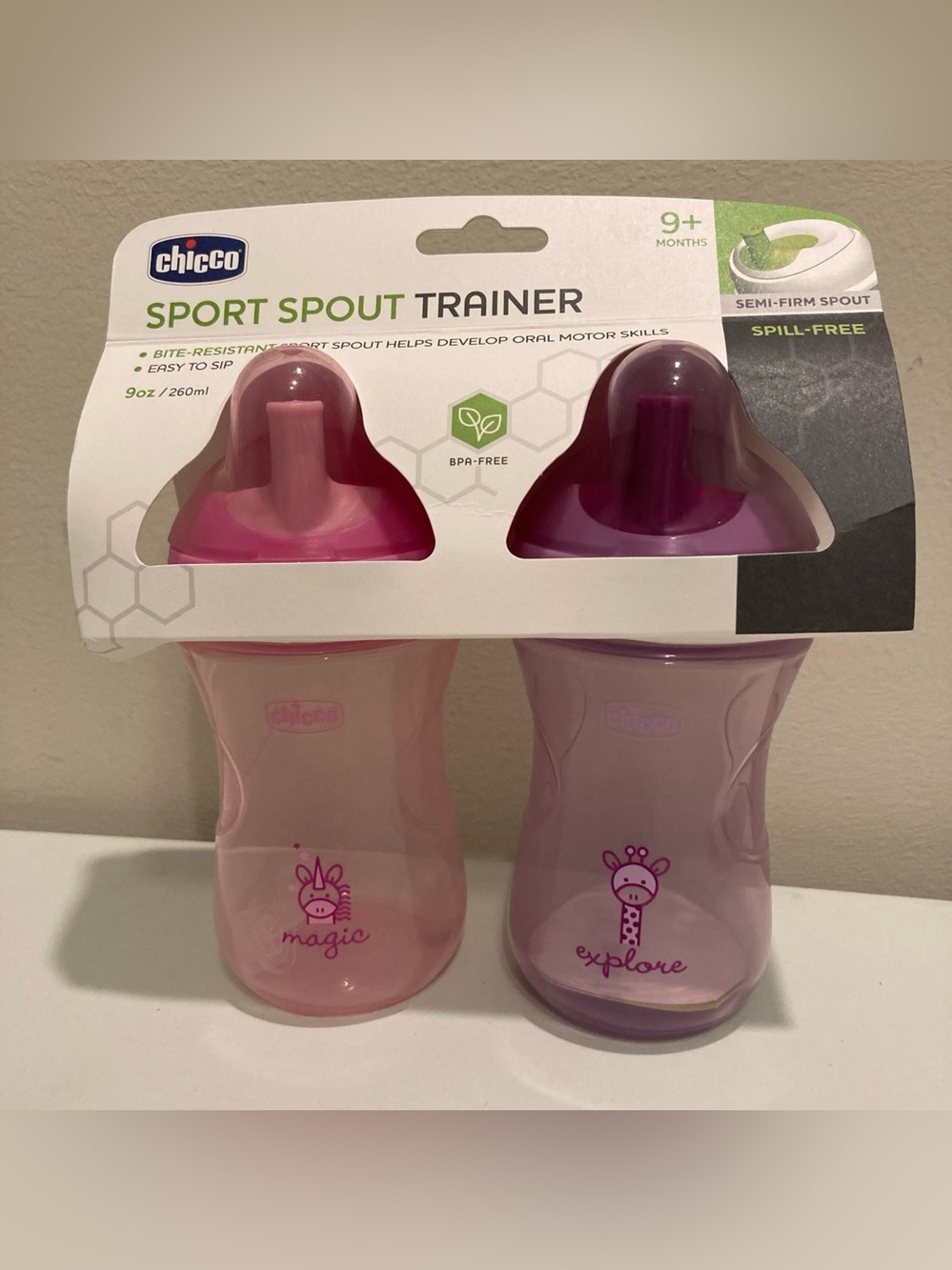 Chicco Sport Spout Trainer 9 oz Pink/Purple 9+ Months 2 Pack Bite Resistance NEW